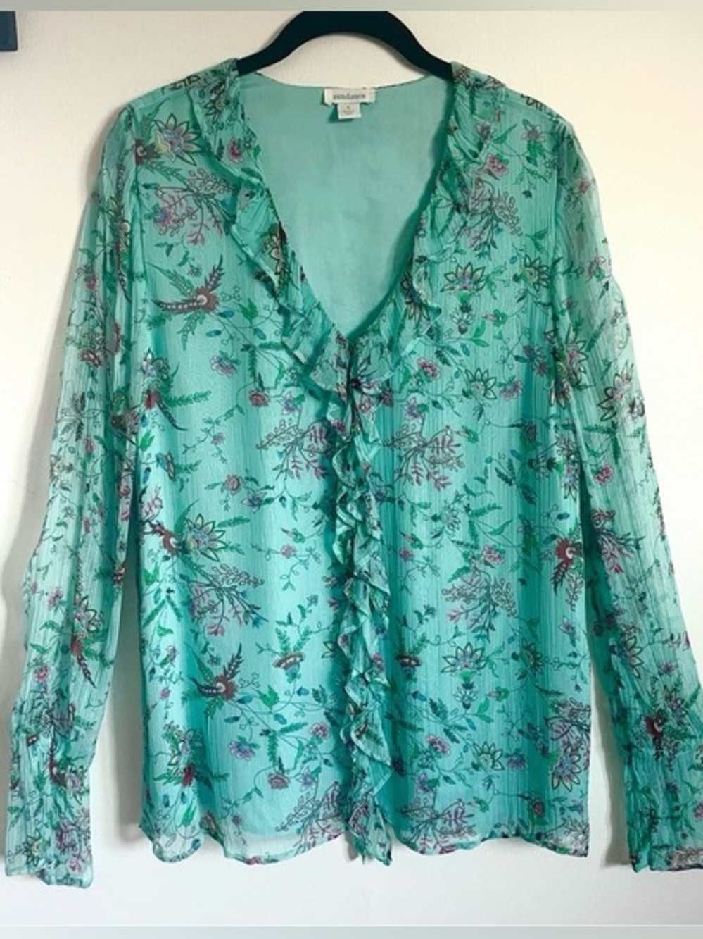 Sundance Teal Floral Ruffle V-Neck Blouse